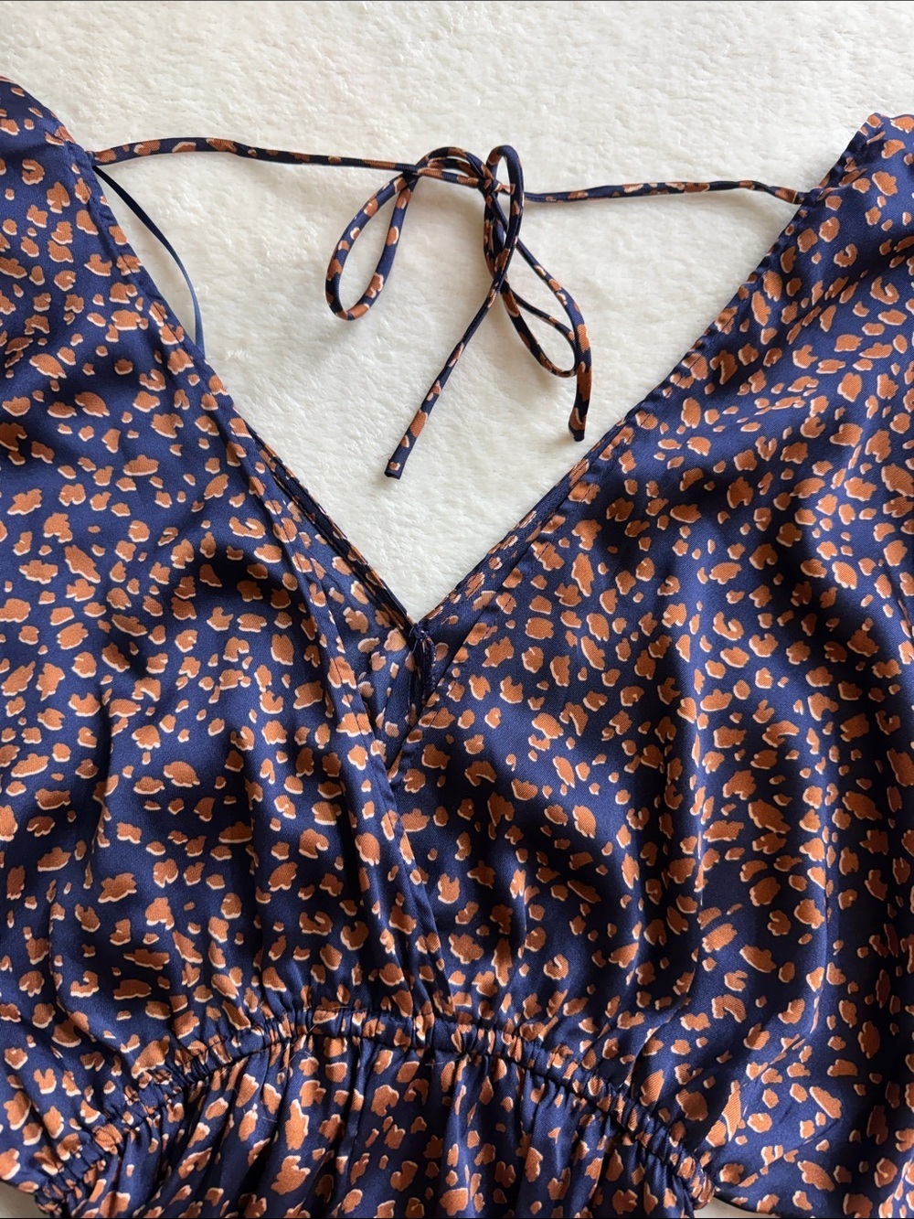 Glam Navy & Copper Leopard Print Long Sleeve Romper Open Back Boho Playsuit NWT - Picture 9 of 14